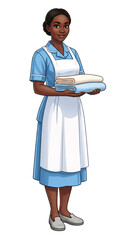 Professional african american maid character wearing blue uniform and white apron while holding stack of folded laundry towels standing isolated on transparent background