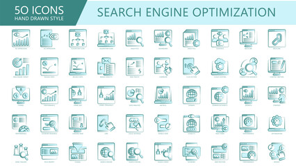 Search Engine Optimization dual tone color, hand drawn icon pack. contain algorithm, analytics, audience, target, rate, brand identity, web and more. Vector EPS 10 for UI, UX, web and app development