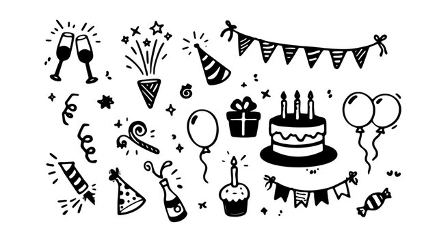 Birthday doodle icon element. Hand drawn sketch doodle birthday cake, balloon, event decoration element. Party, carnival celebration concept background. Isolated PNG Vector illustration.