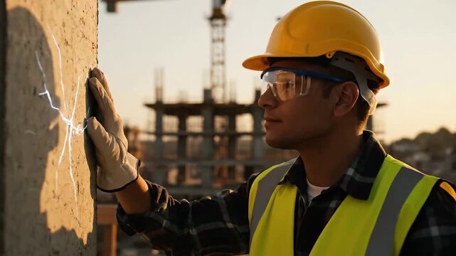 Construction worker inspects concrete flaw at sunset site or Construction worker identifies cracks during concrete inspection at building site