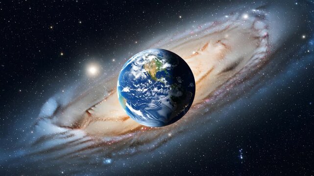Earth planet floating in deep space with spiral galaxy background cosmic universe 4K HD high quality video.
