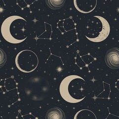 Naklejka premium Celestial objects and constellations form a seamless pattern.