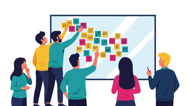 Creative team collaboration with sticky notes on whiteboard in office setting
