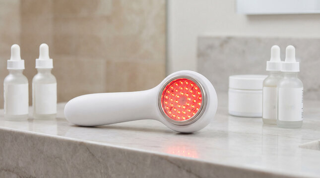 Handheld red light therapy device on a marble surface, surrounded by skincare products including dropper bottles and cream jars, ideal for home spa treatment. Image made using Generative AI.