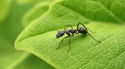 Black ant on bright green leaf in close-up macro shot. Nature, ecology and wildlife
