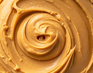 Swirled, smooth, caramel-colored spread, viewed from above showing the texture and concentric pattern