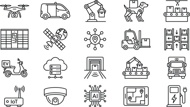 Modern logistics and automation technology line icons illustrating smart delivery and warehouse management systems.