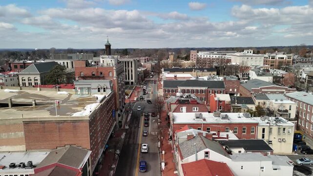 Aerial view of downtown West Chester, Pennsylvania historic district buildings and streets