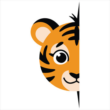 Cute Little Tiger Peeking Around Corner Cartoon Animal Character for Kids Cards