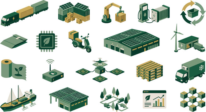 Collection of isometric icons representing sustainable logistics supply chain technology and green energy infrastructure elements