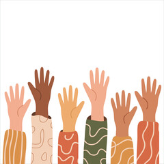Fototapeta premium Diverse Group of Volunteers Raising Hands Isolated Vector Illustration on White Background