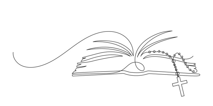Holy Bible. Open book with rosary. Continuous line drawing. Christianity religion concept.