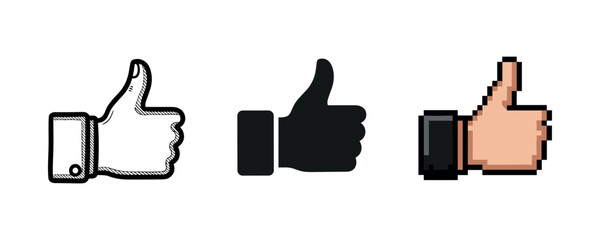 Obraz premium Three thumbs up icons: sketch, solid, pixelated styles on white