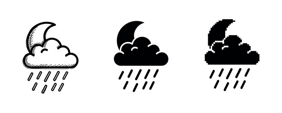 Set of three cloud and rain icons with crescent moon in different styles