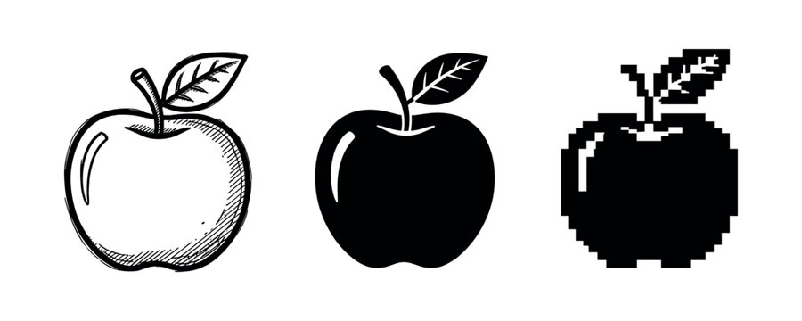 Three styles of apple art: sketch, silhouette, and pixel art