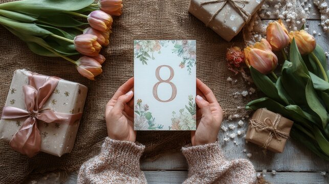 Hands hold a card with the number eight surrounded by flowers and wrapped gifts at a table with a burlap cloth Generative AI