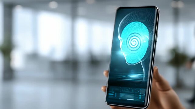 Highlights advanced AI technology on mobile device, emphasizing innovation, connectivity. Digital face, holographic elements suggest cutting edge trends in artificial intelligence
