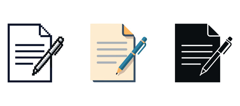 Set of document and pen icons in various styles on white background