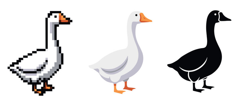 Three goose illustrations: pixel, cartoon, silhouette art styles on white background