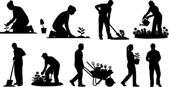 Gardening Silhouettes Vector Set Showing People Planting on white background