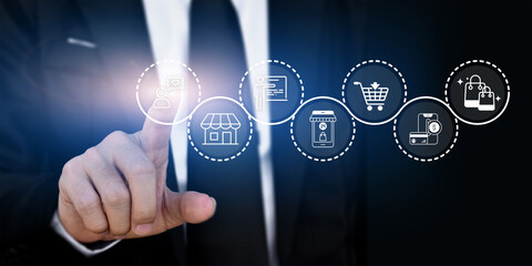 Obraz premium Seamless customer experience concept. Touching screen for providing personalized support throughout the customer journey from product discovery to purchase and engagement, featuring digital icons.