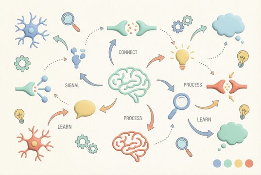 Visual representation of the neural processes involved in learning signaling and connection highlighting the complex interactions of the brain in cognitive development and problem solving