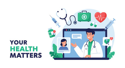 Naklejka premium Medical consultation online icon set. Includes doctor, patient, laptop, stethoscope, heart, medical symbols. Created in flat style with colorful palette