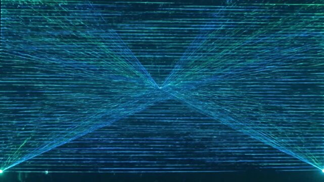 Abstract background features crisscrossing bright blue laser beams creating a dynamic V shape against a digital screen texture.