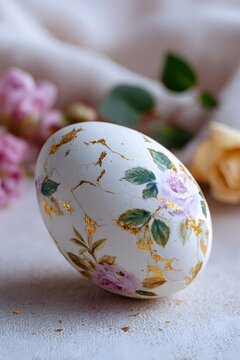 A decoupage egg has floral designs and torn pieces on a simple background