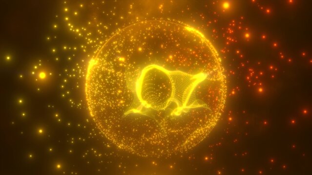 Abstract round yellow orange sphere light bright glowing from energy rays and magic waves from particles and dots, abstract background