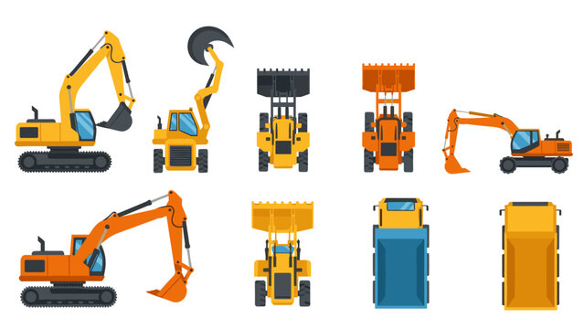 Heavy construction vehicles collection: bulldozers, excavators, and loaders in flat style