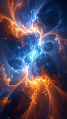 Swirling fractal abstract featuring radiant blues and fiery oranges in a vibrant display