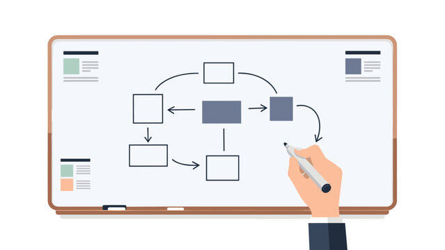 Business flowchart on whiteboard with hand drawing process arrows