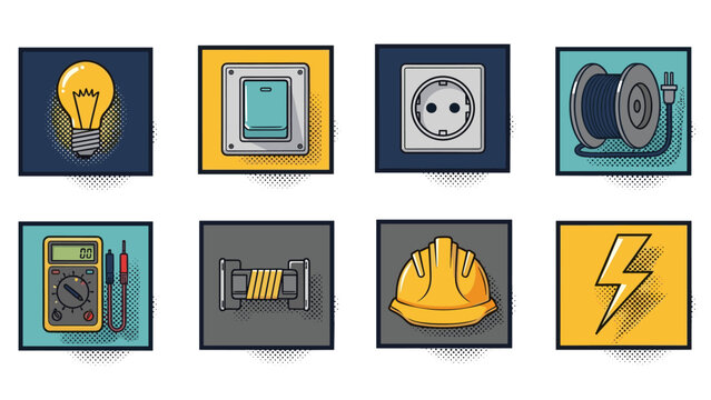 Electrical tools and equipment icons in modern pop art style