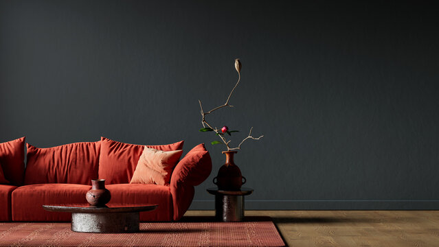 Dark moody negative space modern living room interior with curved red sofa, warm ambient lighting and elegant calm atmosphere creating refined contemporary styling. 3D illustration