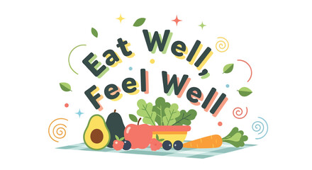 Fototapeta premium Healthy eating logo, 'Eat Well Feel Well' text with fruit and vegetables.
