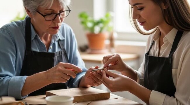 Senior woman teaching young woman crafting small objects at home table.