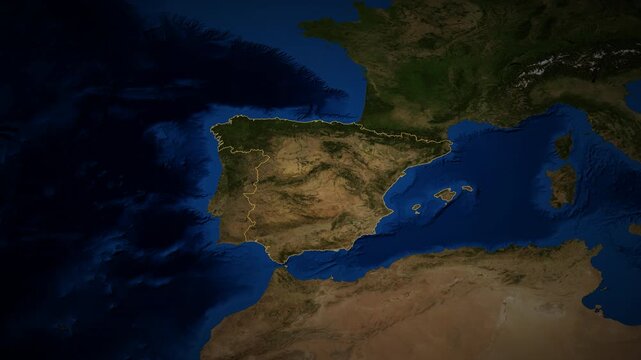 Spain high resolution 4k satellite map locator video cinematic zoom animation with 3d drop shadow and illuminated border European travel geography and geopolitical news broadcasting asset
