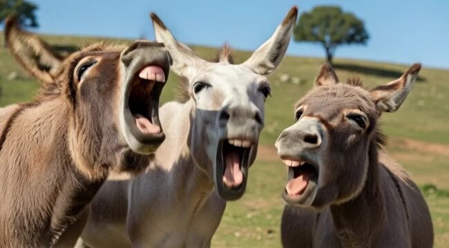 Three donkeys close up looking at camera in sunny green field, blue sky