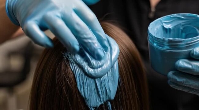 Hands in blue gloves applying blue hair dye to brown hair, salon process.