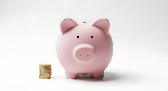 Pink piggy bank with coins next to it on white background