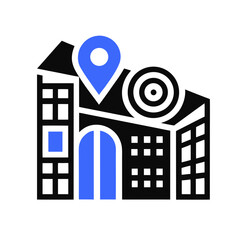 A blue and black icon of a building with a location pin