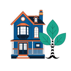 A blue house with orange trim and a tree