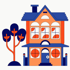 A cartoon house with a tree in front