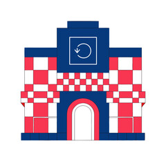 A blue and red building with a white door and a clock on the front