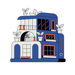 A blue and white building with orange accents