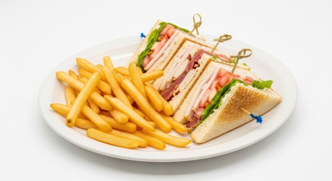 Delicious club sandwich with crispy french fries on white plate
