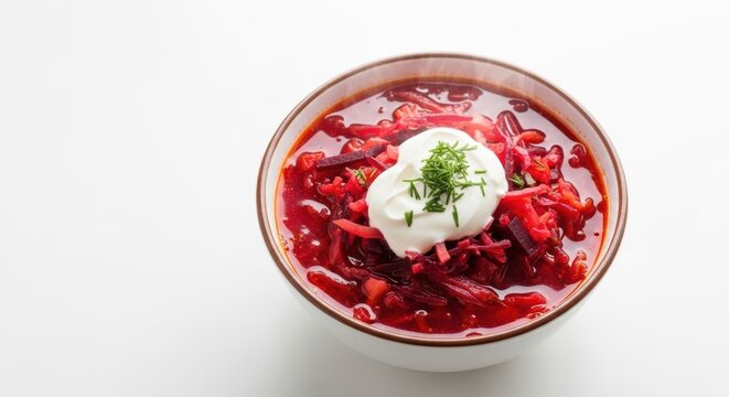 Traditional ukrainian borscht with sour cream and fresh herbs in a ceramic bowl