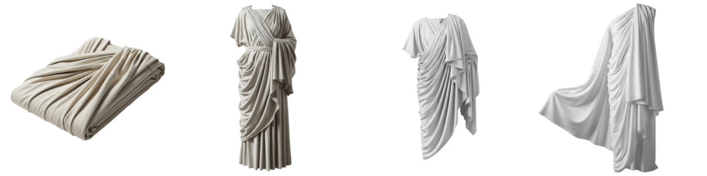 Ancient Greek and Roman White Toga Collection, Traditional Classical Mythology Costumes, Sculptural Drapery Apparel, Isolated on White Background PNG