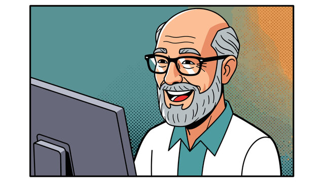 Senior man with glasses smiling at computer screen in comic book style